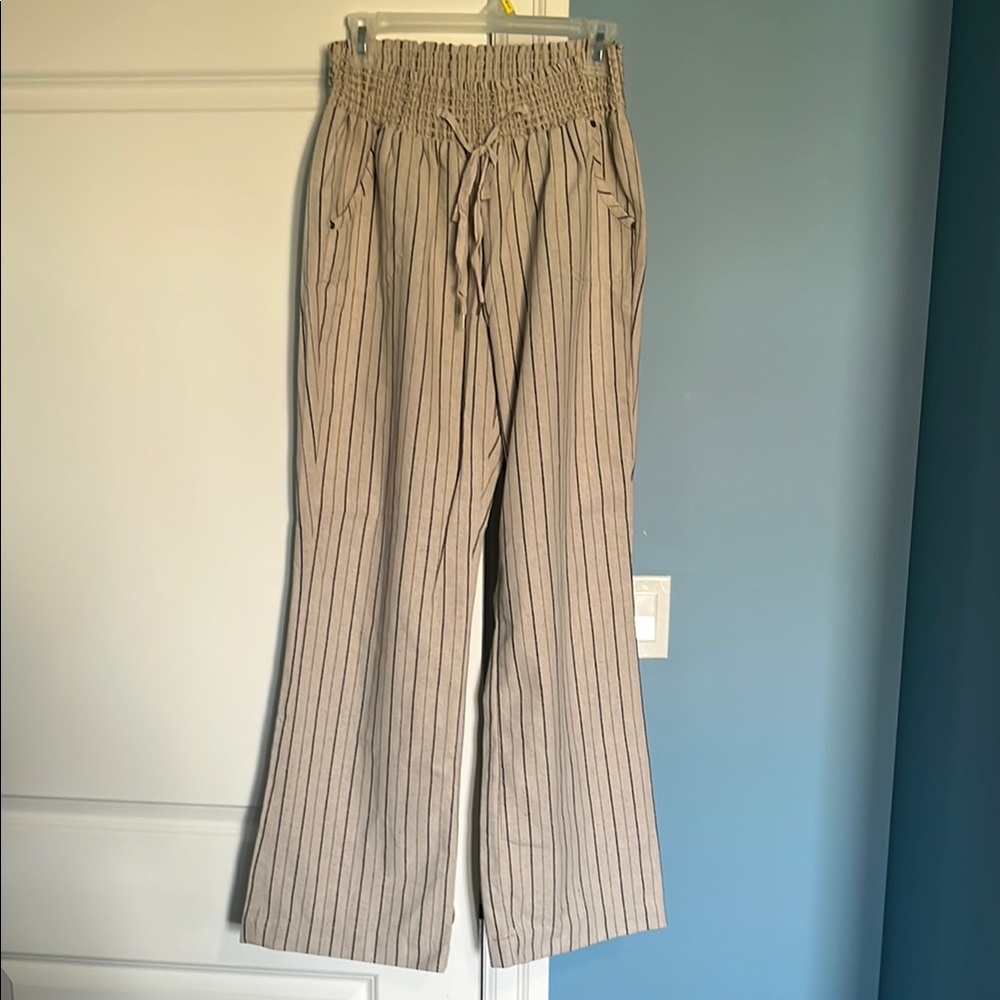Striped Beige Wide-Leg Pants